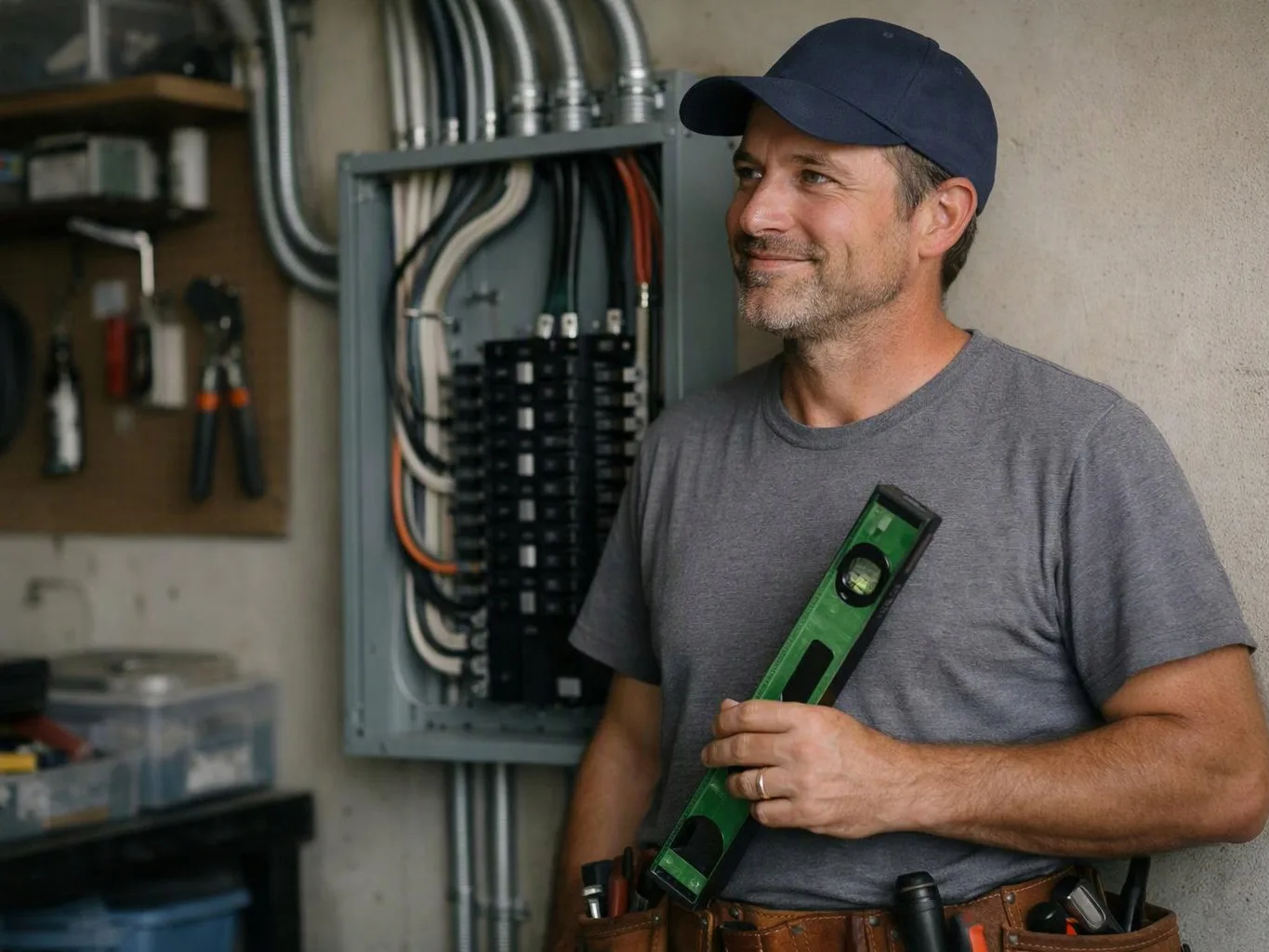 A smiling man in a cap holds a green level beside an open electrical panel in a workshop