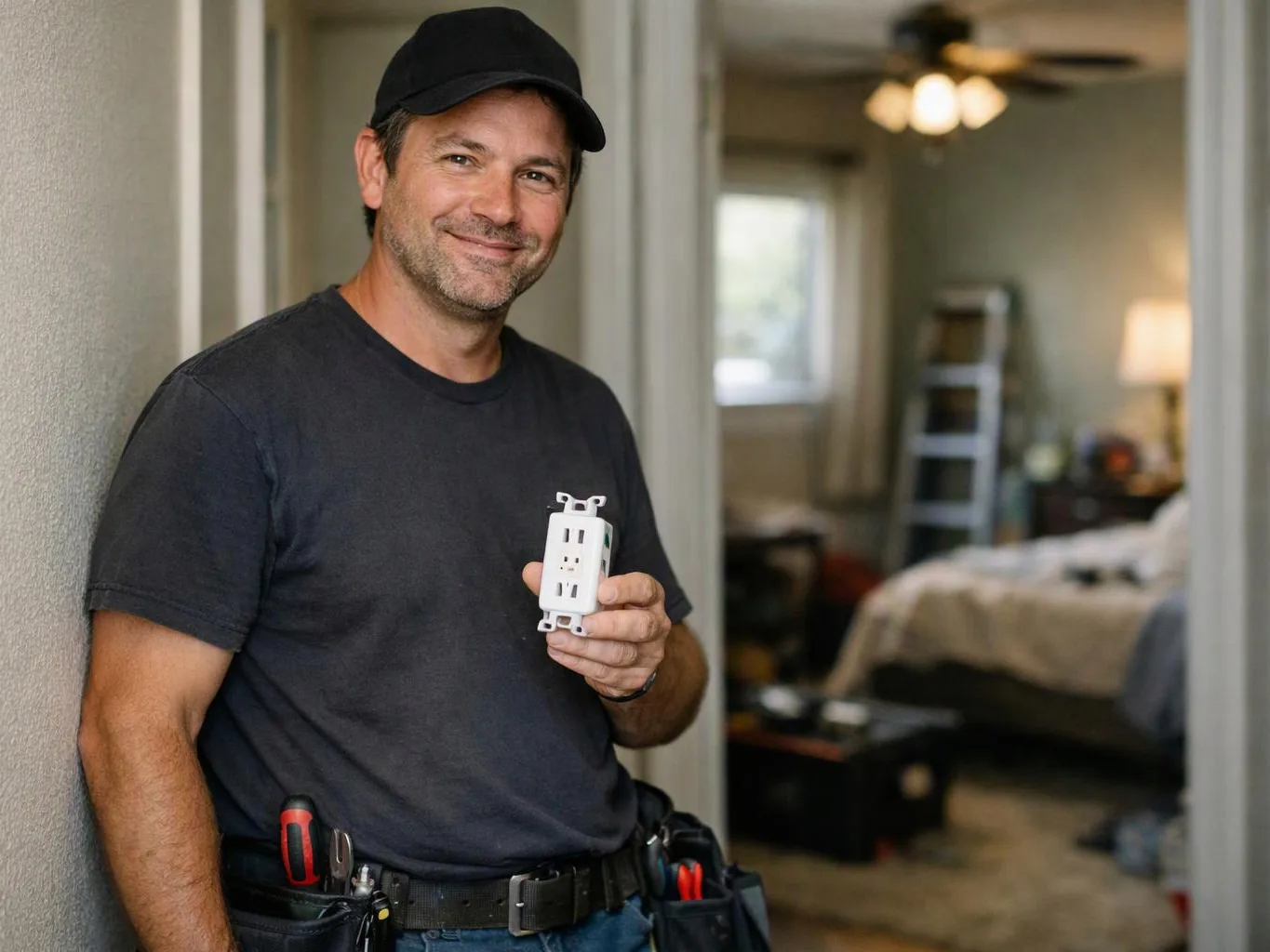 A smiling man in a cap holds a white electrical outlet in a hallway doorway, with a bedroom behind him