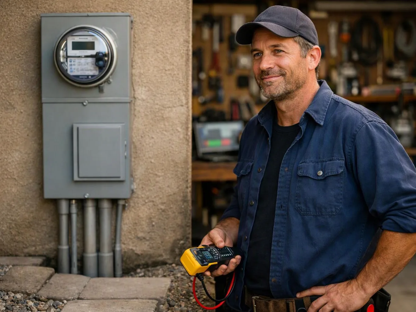 A smiling man in a cap holds a yellow meter beside an outdoor electrical panel and workshop opening