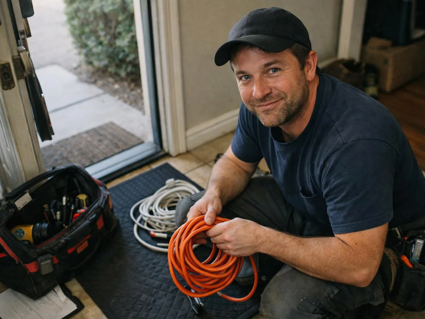 A smiling man in a cap kneels indoors by an open door, holding orange cable coils beside tools and wires