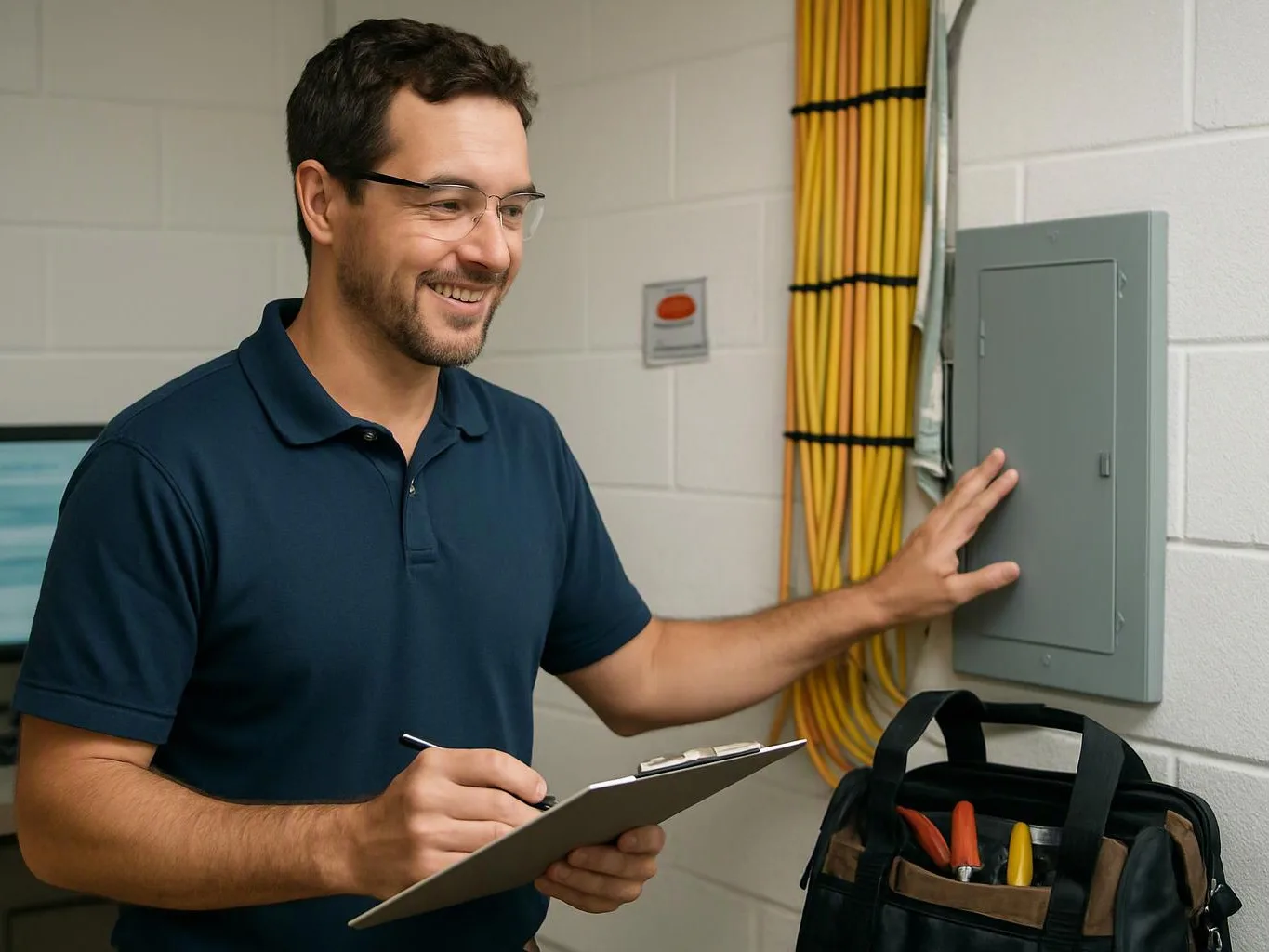 A smiling man in glasses checks a gray wall panel while holding a clipboard in a utility room