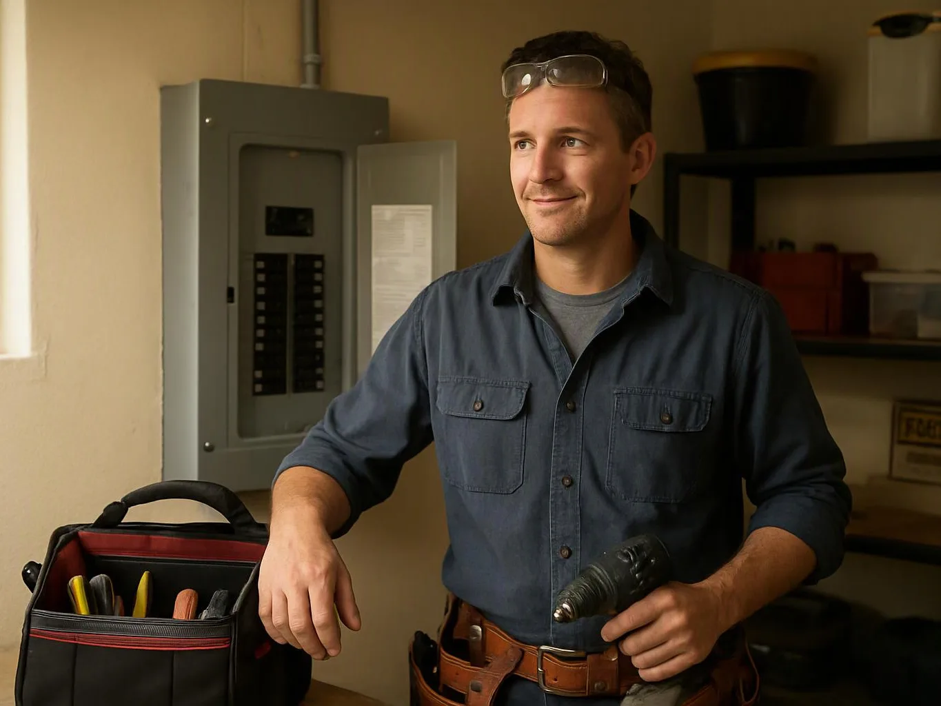 A smiling man with safety glasses holds a power drill beside an open tool bag in a workshop