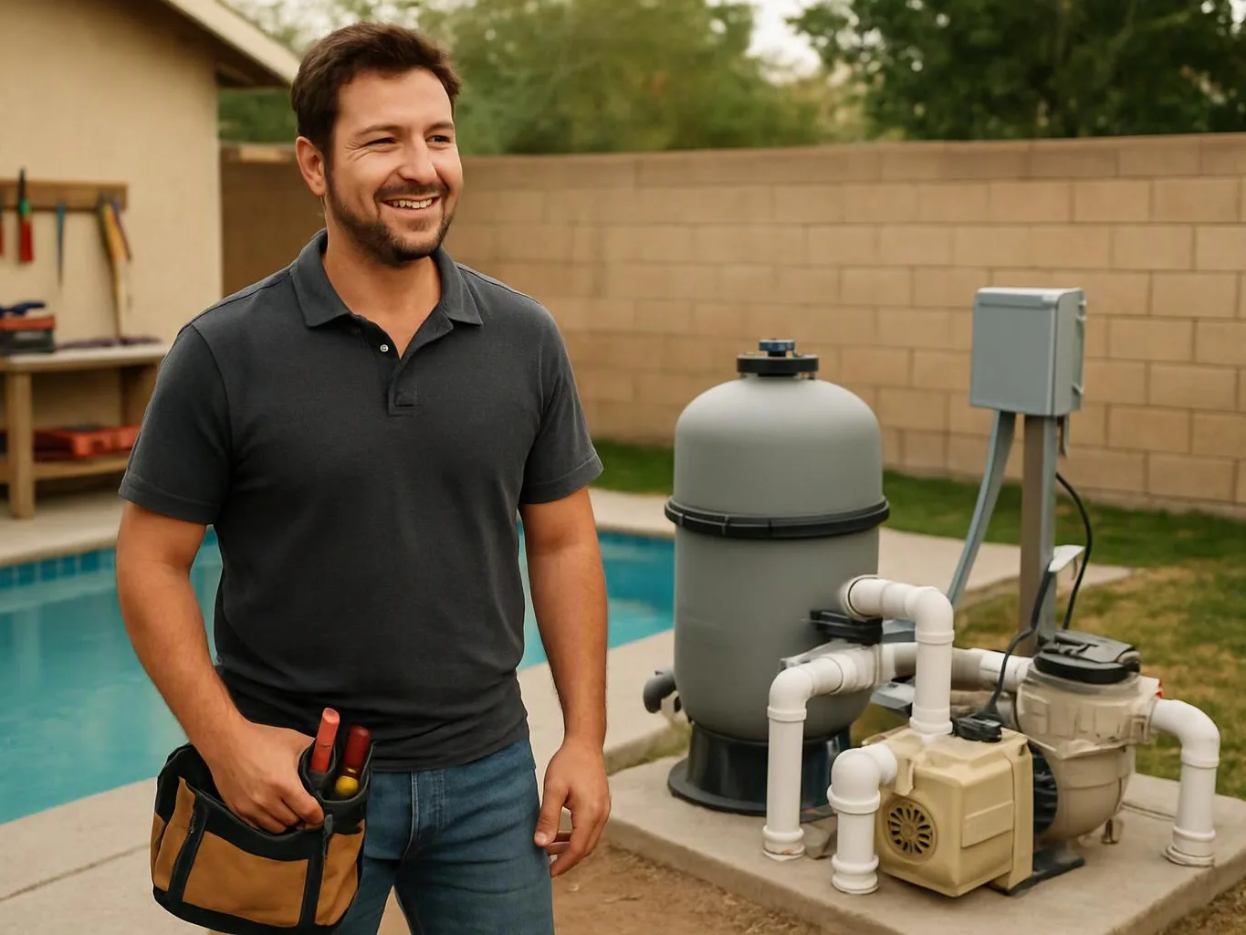 A smiling man stands beside pool equipment and pipes in a backyard next to a swimming pool