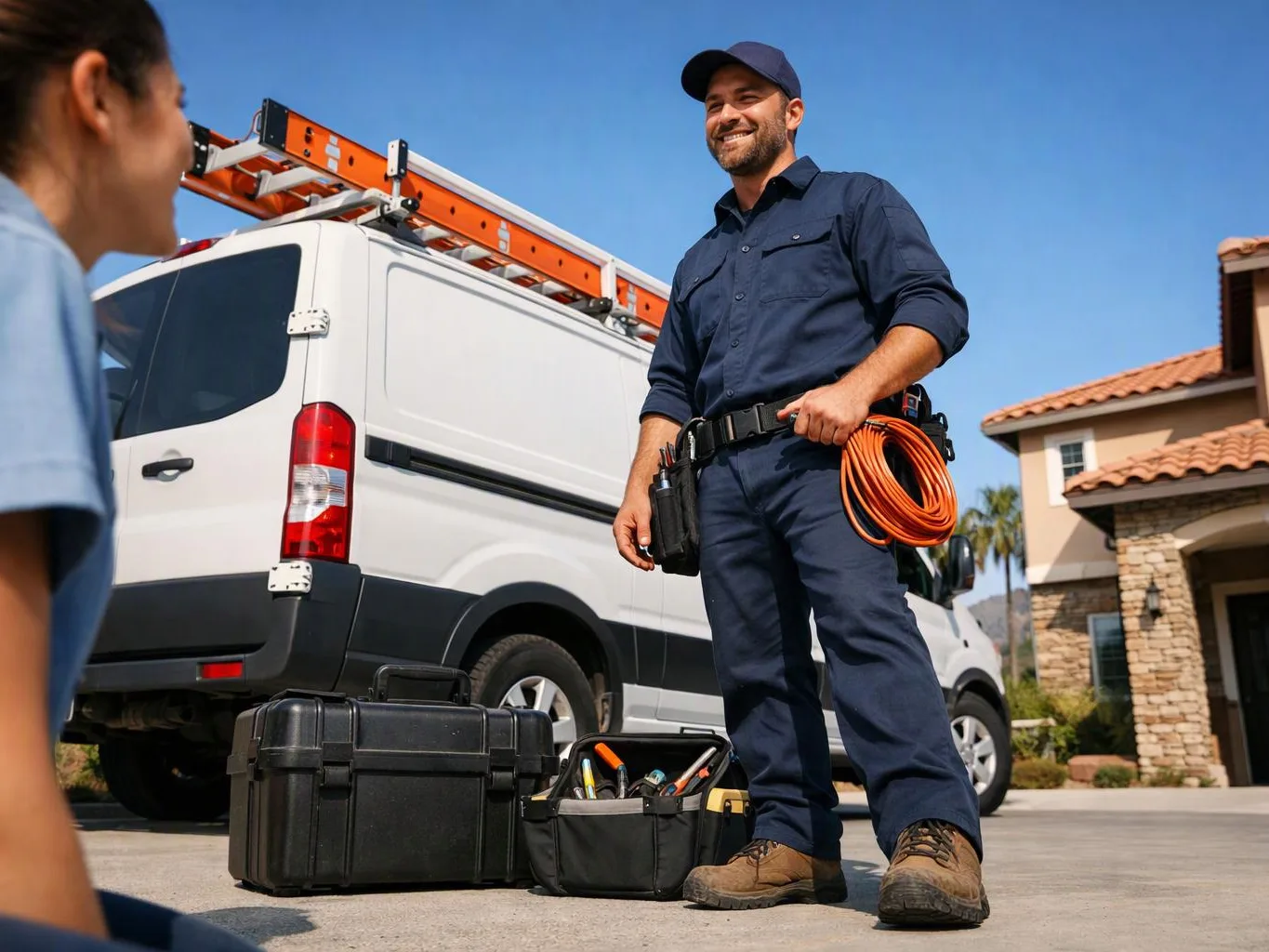 A smiling technician in navy work clothes stands by a service van, holding an orange cable outside a house