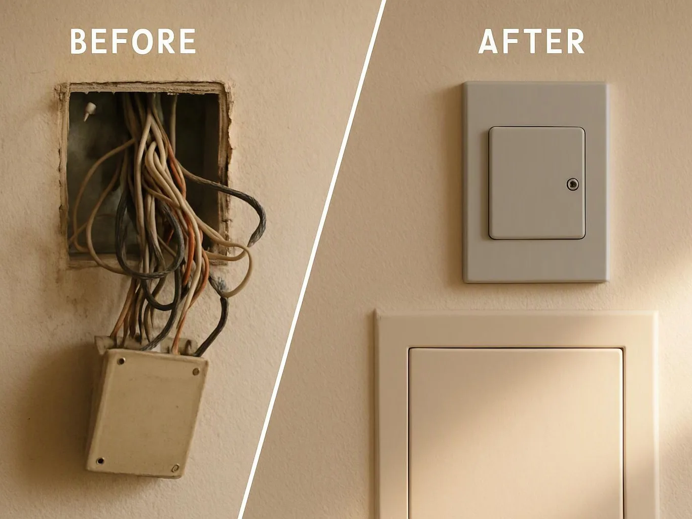 Split before-and-after image shows exposed electrical wires and a hanging cover beside two neat wall switch plates on a beige wall