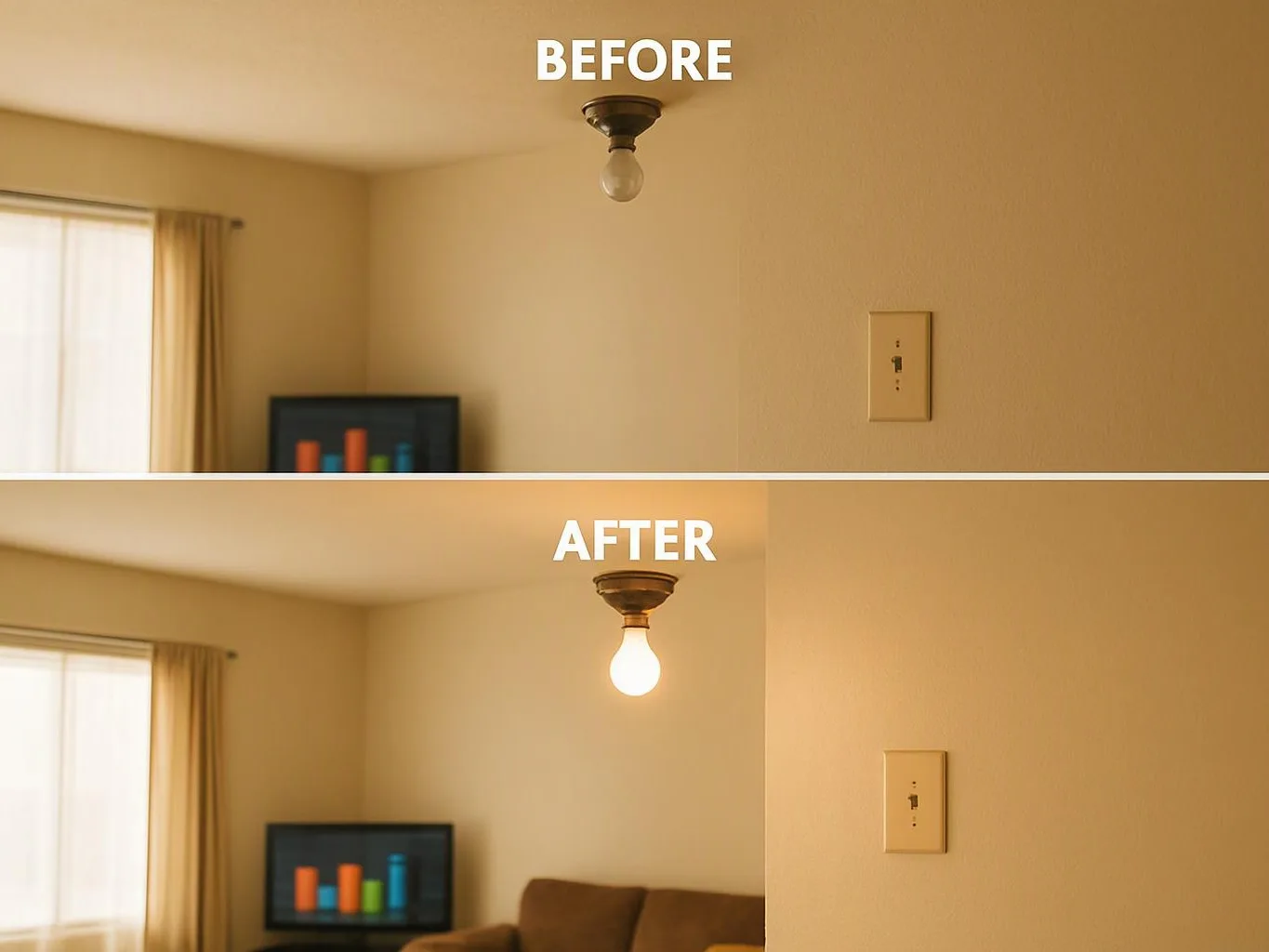 A split before-and-after room view shows a ceiling light changed from off to glowing above a beige wall and window