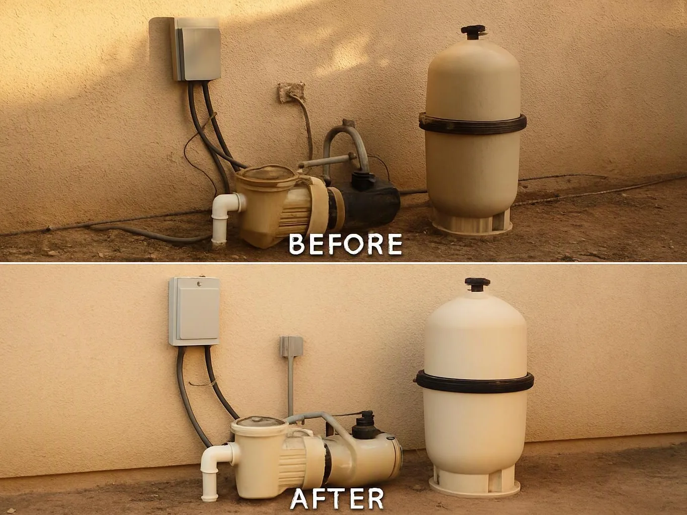 Split before and after view of a pool filter and pump setup against a stucco wall