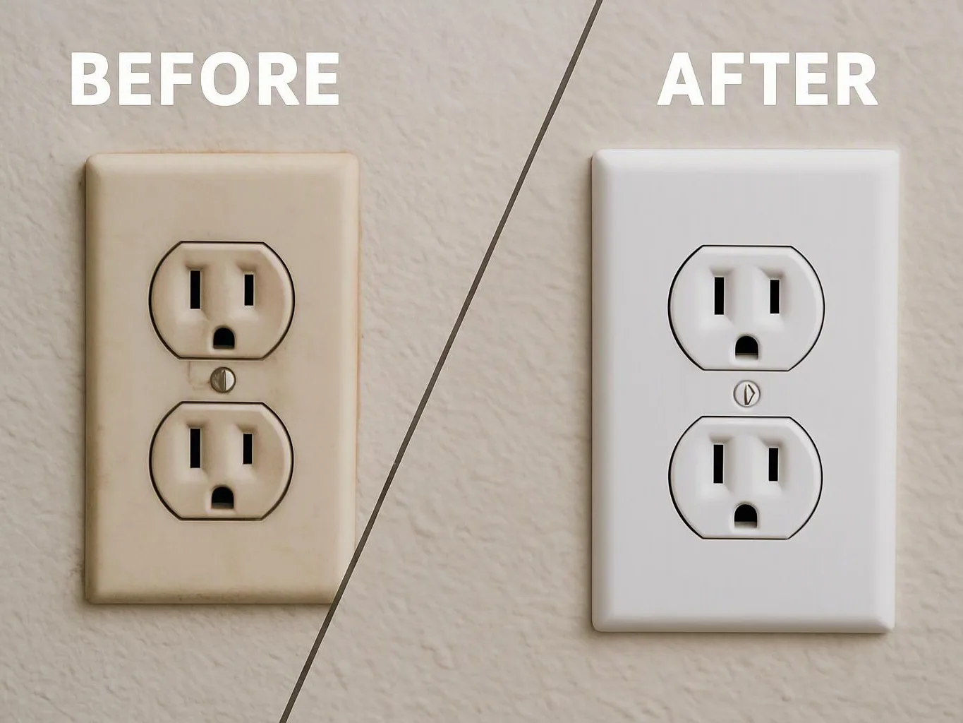 Split image showing a beige wall outlet before and a white wall outlet after on the same wall