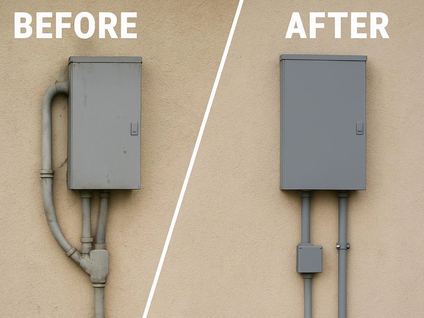 Split image showing a gray electrical box and pipes on a beige wall, before on the left and after on the right