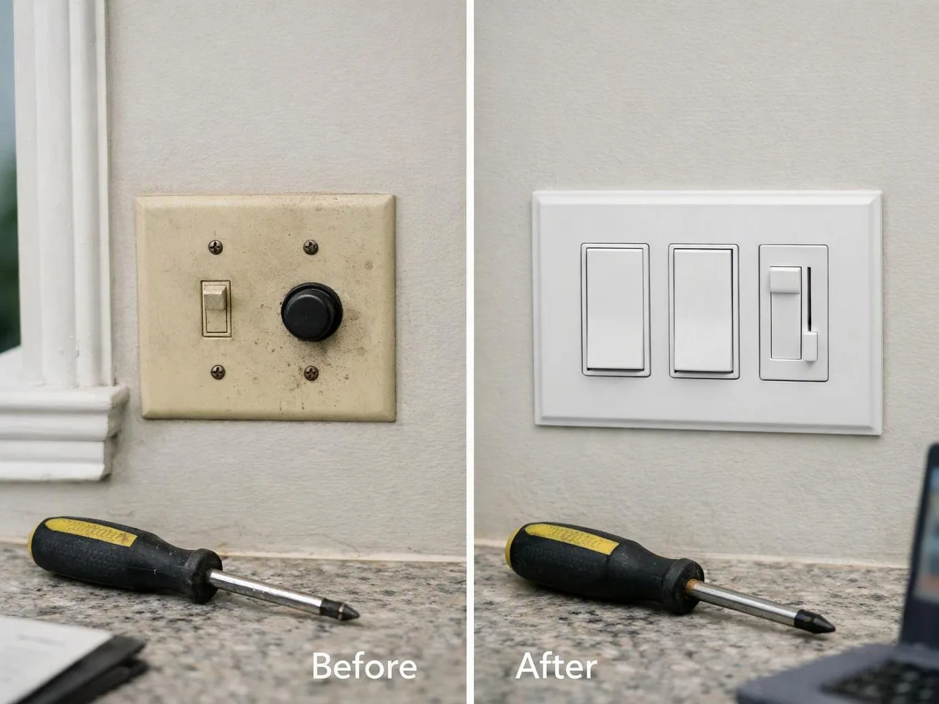 Split image showing an old dirty wall switch on the left and a clean modern switch panel on the right