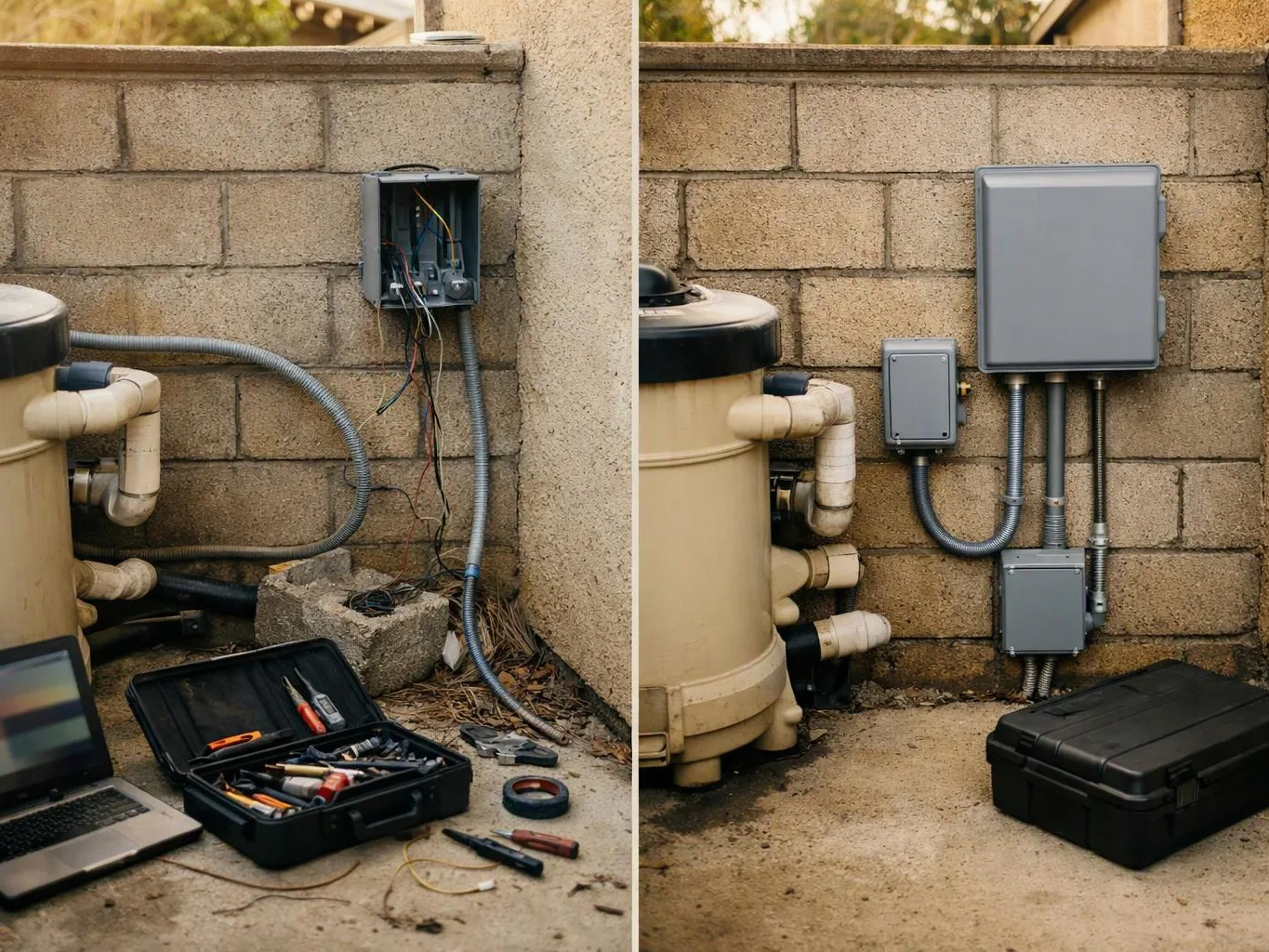 Split image shows a pool equipment wall before and after, with loose wires on the left and tidy electrical boxes on the right