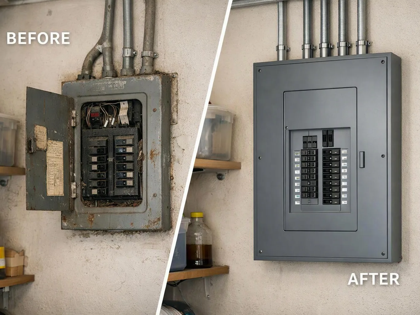 Split image shows a rusty open electrical panel before and a clean closed panel after on a wall