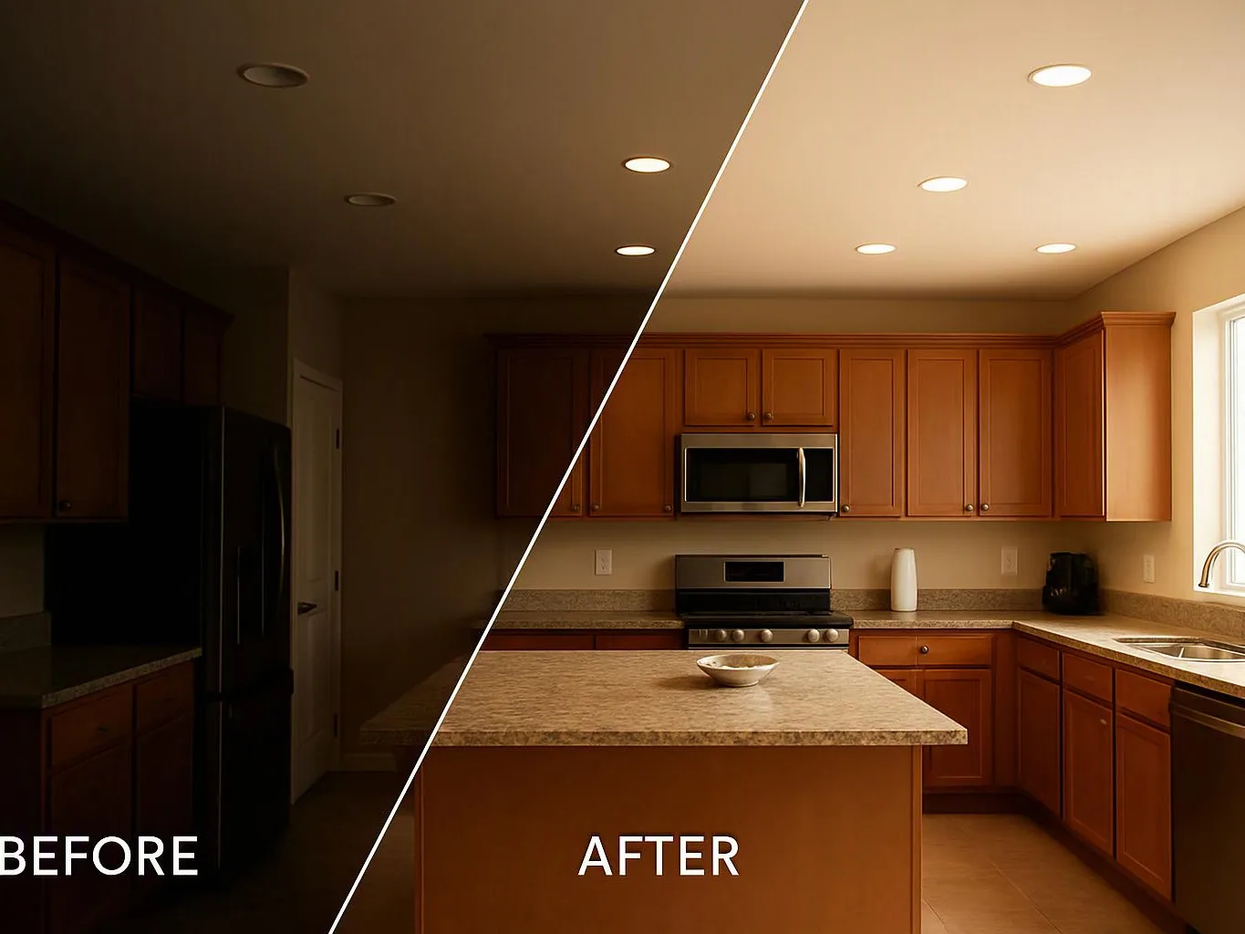 Split-screen kitchen before and after, with a dark side on the left and a bright remodeled kitchen on the right