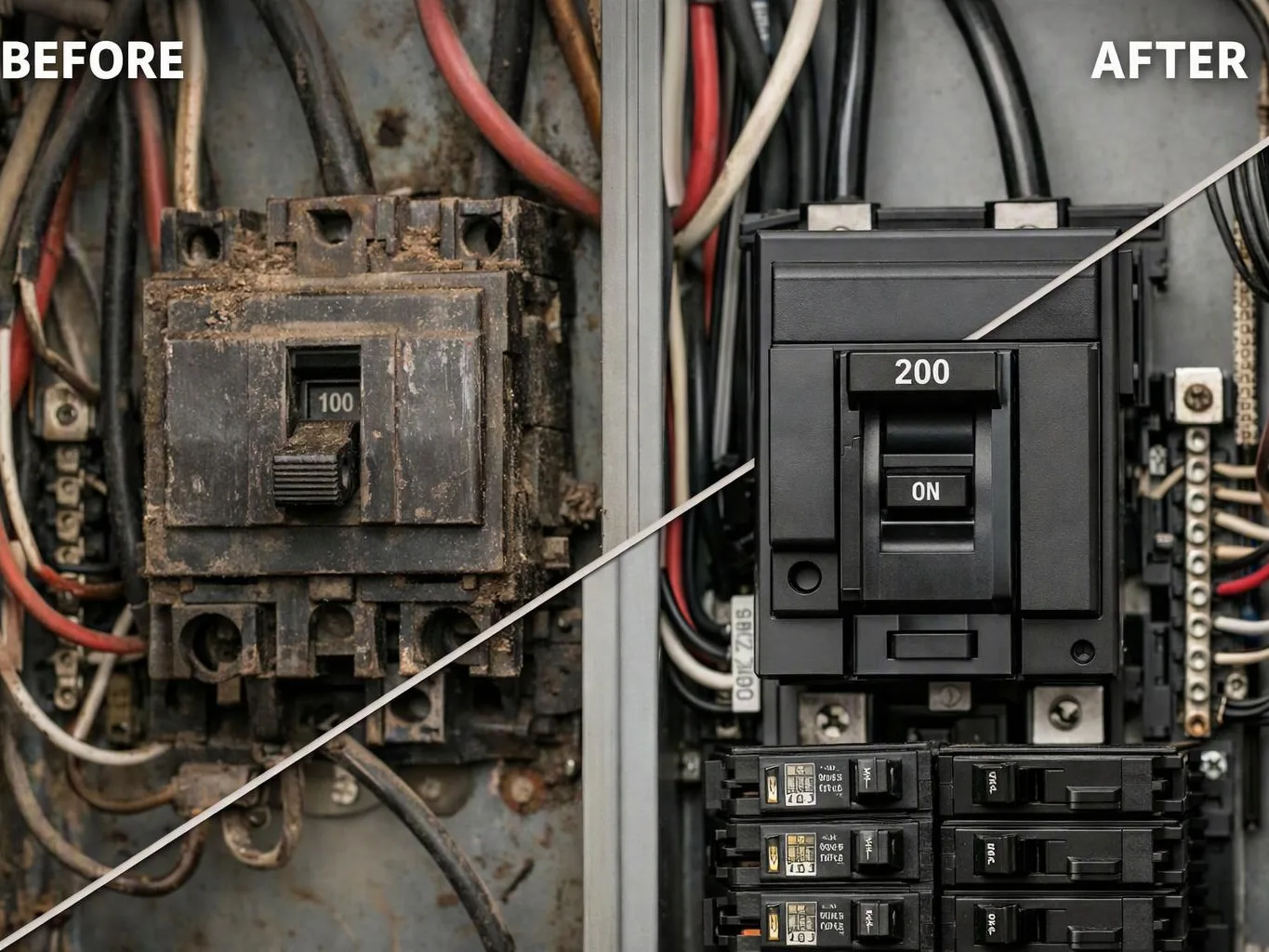 Split view of a corroded breaker box before and a clean modern panel after, with wires around both sides