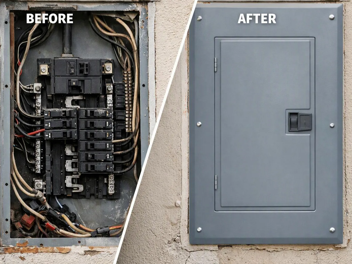 Split view of an electrical panel before and after replacement