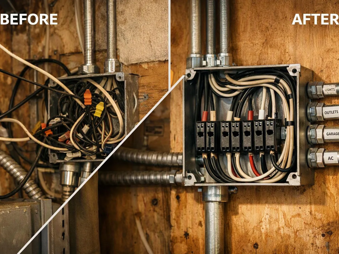 Split view of a messy electrical junction box before and a neatly wired box after on a wood wall