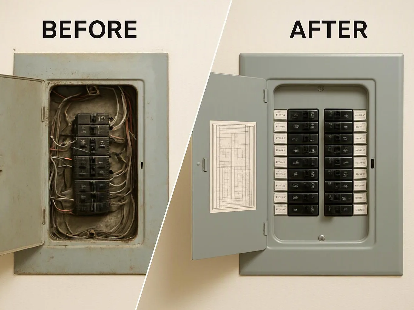 Split view of an old and upgraded electrical breaker panel on a wall, with the door open on both sides