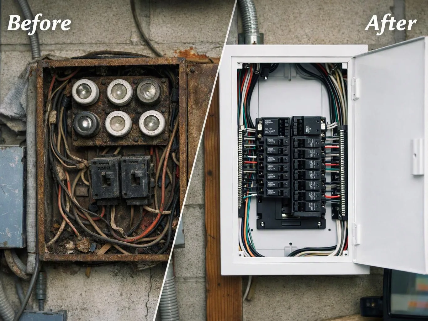 Split view of a rusty old electrical box and a clean new breaker panel on a wall