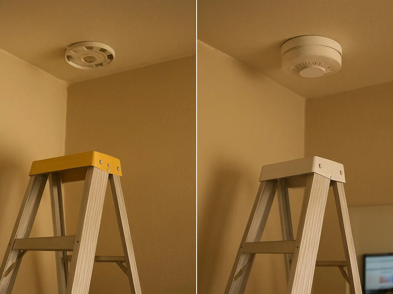 A split view shows a ladder under a ceiling smoke detector, with the device changed from one style to another