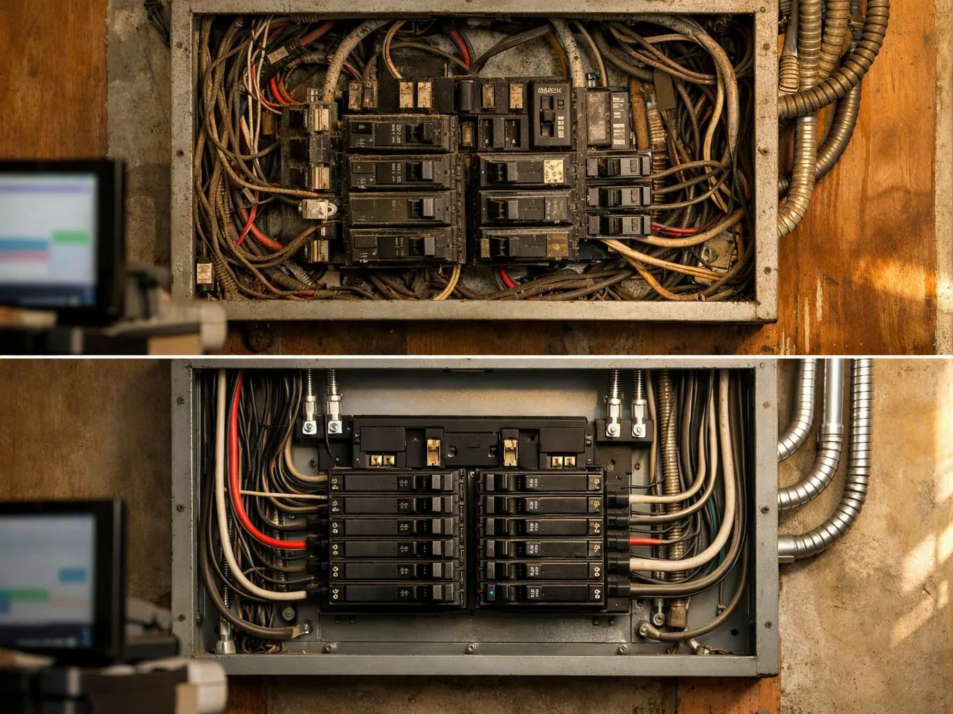 A split view shows two electrical breaker panels packed with tangled and neatly routed wires on a wall