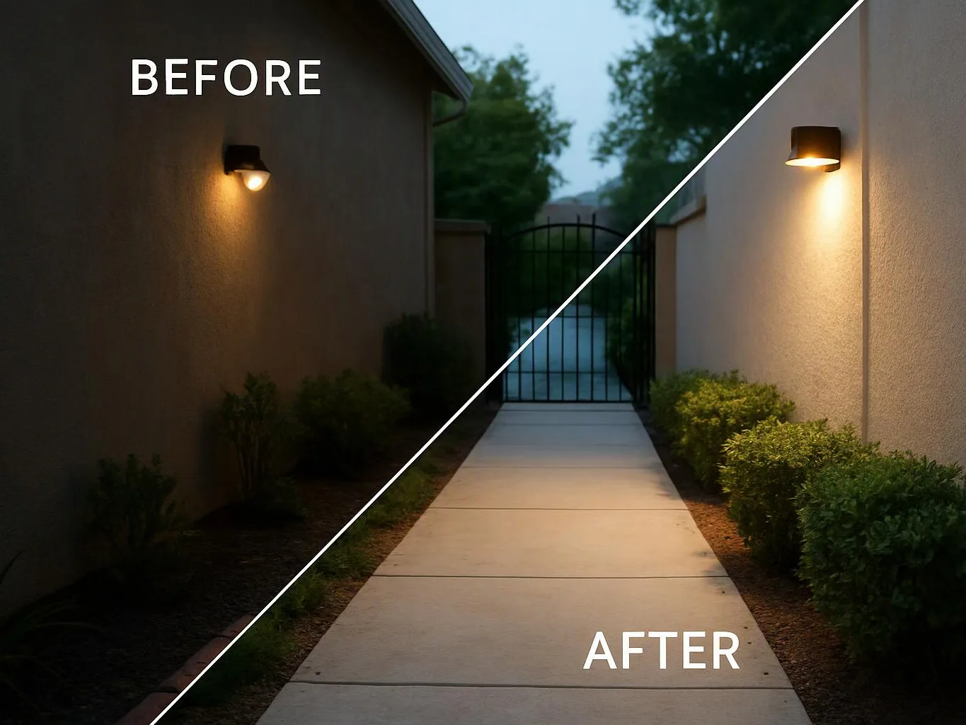 Split view of a walkway and wall lights, with a dark before side and a brighter after side leading to a gate