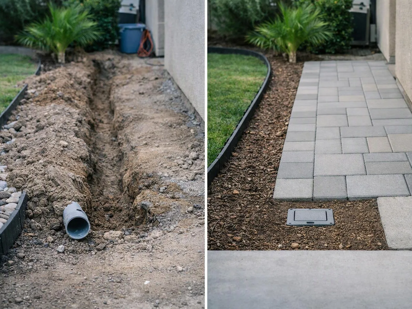 Split view of a yard showing a dug trench with pipe on the left and a finished paver path on the right