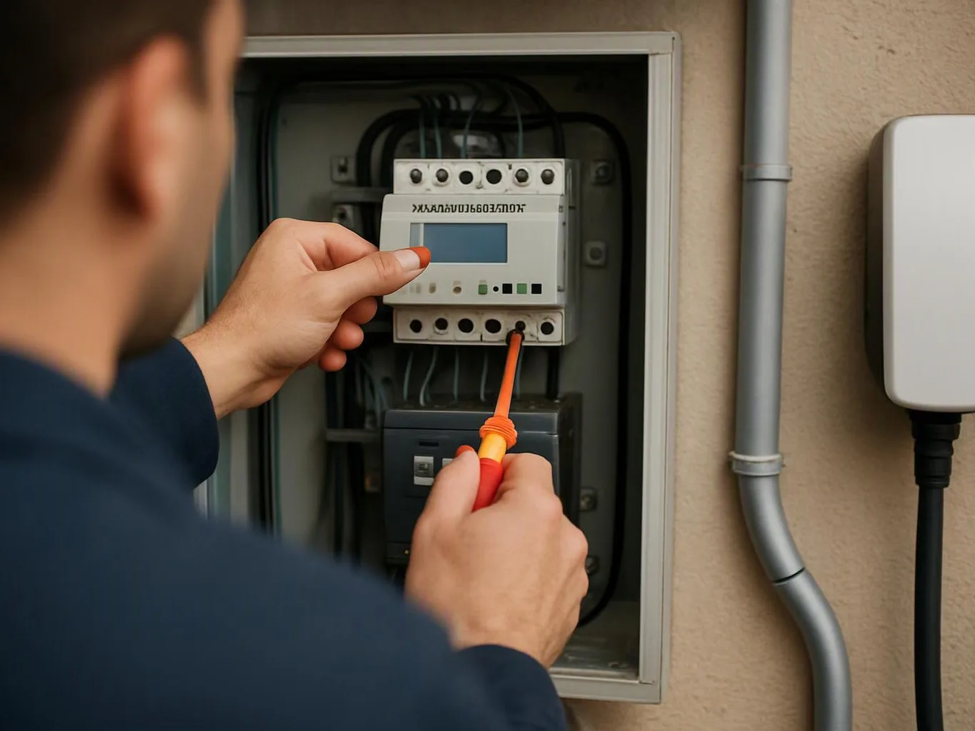 A technician adjusts a small electrical meter inside an open wall cabinet with a screwdriver