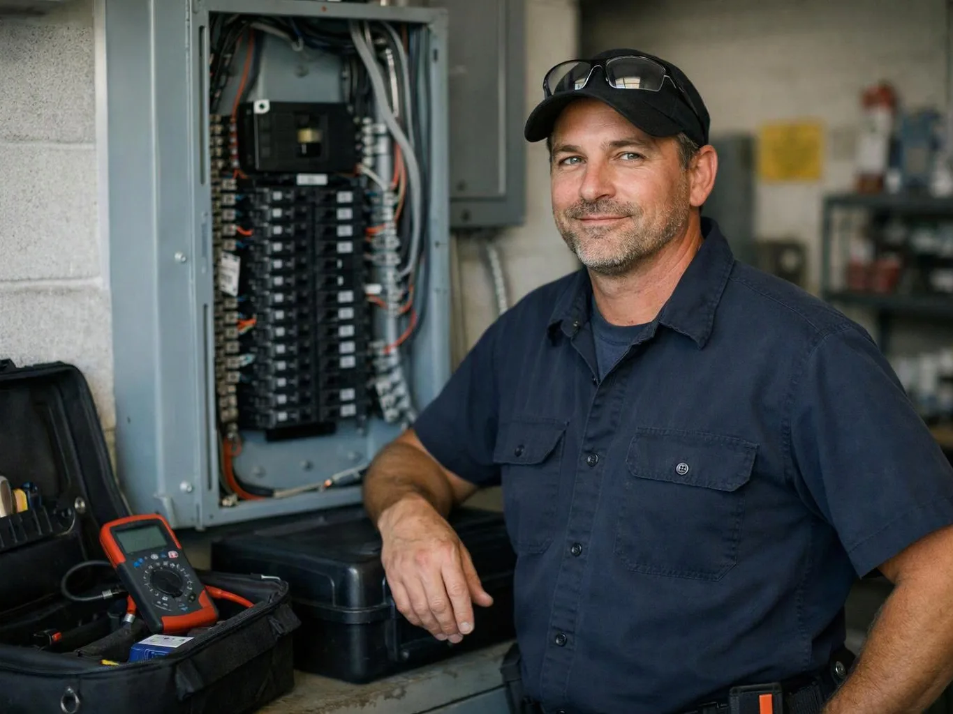 A technician in a cap stands beside an open electrical panel, with testing tools on a workbench