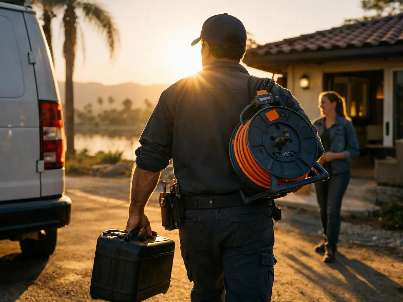 A technician carries a cable reel and toolbox toward a house at sunset while a woman stands nearby