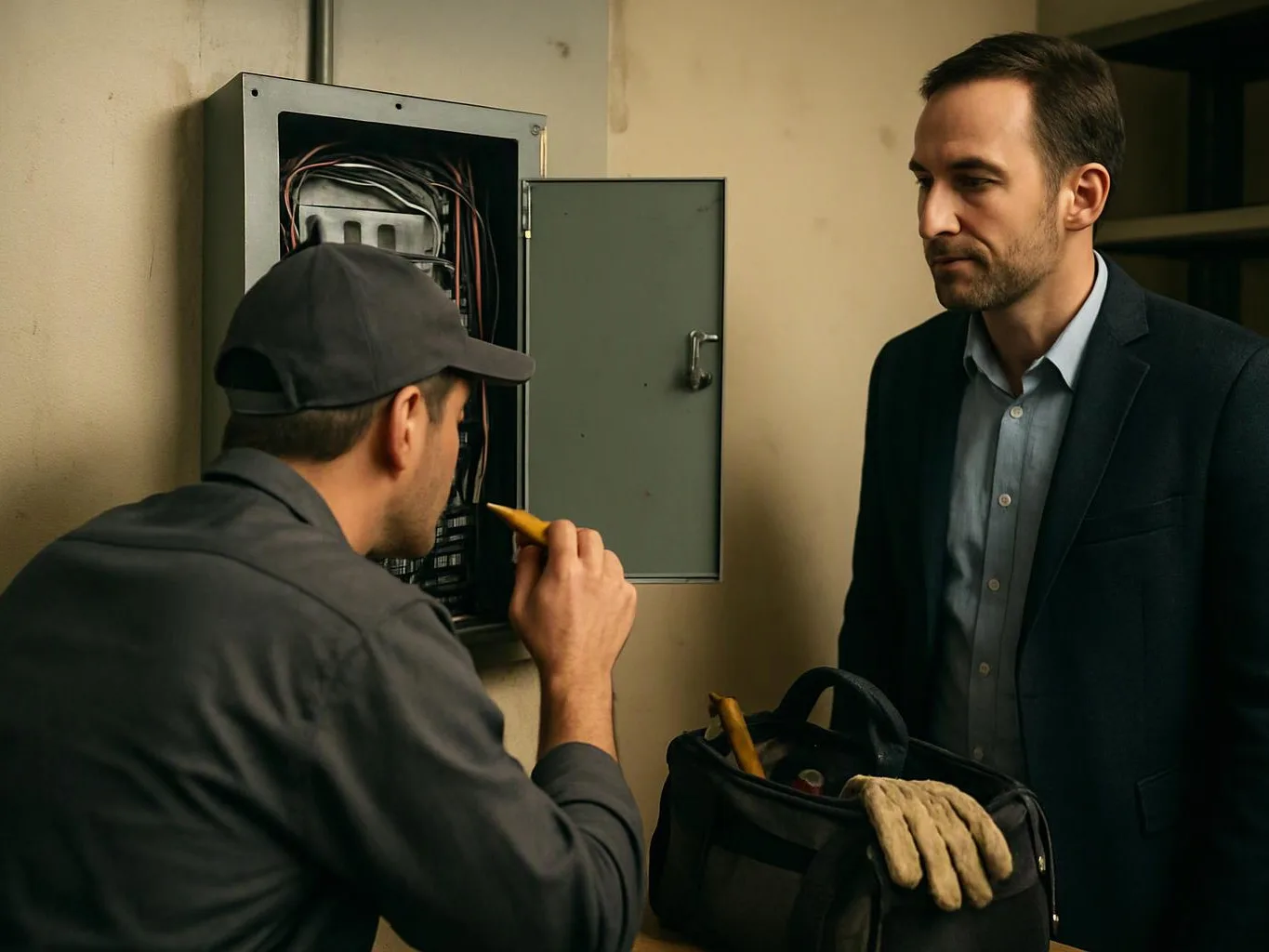 A technician checks an open electrical panel while a man in a suit watches nearby with a tool bag