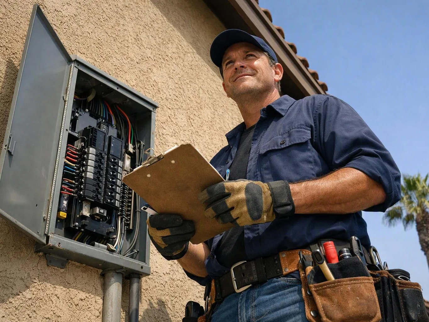 A technician in gloves checks an open electrical panel outside a stucco wall while holding a clipboard