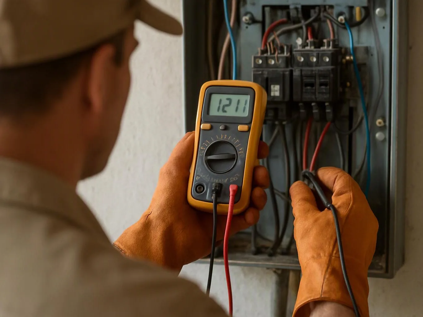 A technician holds a digital multimeter and tests wiring inside an open electrical panel