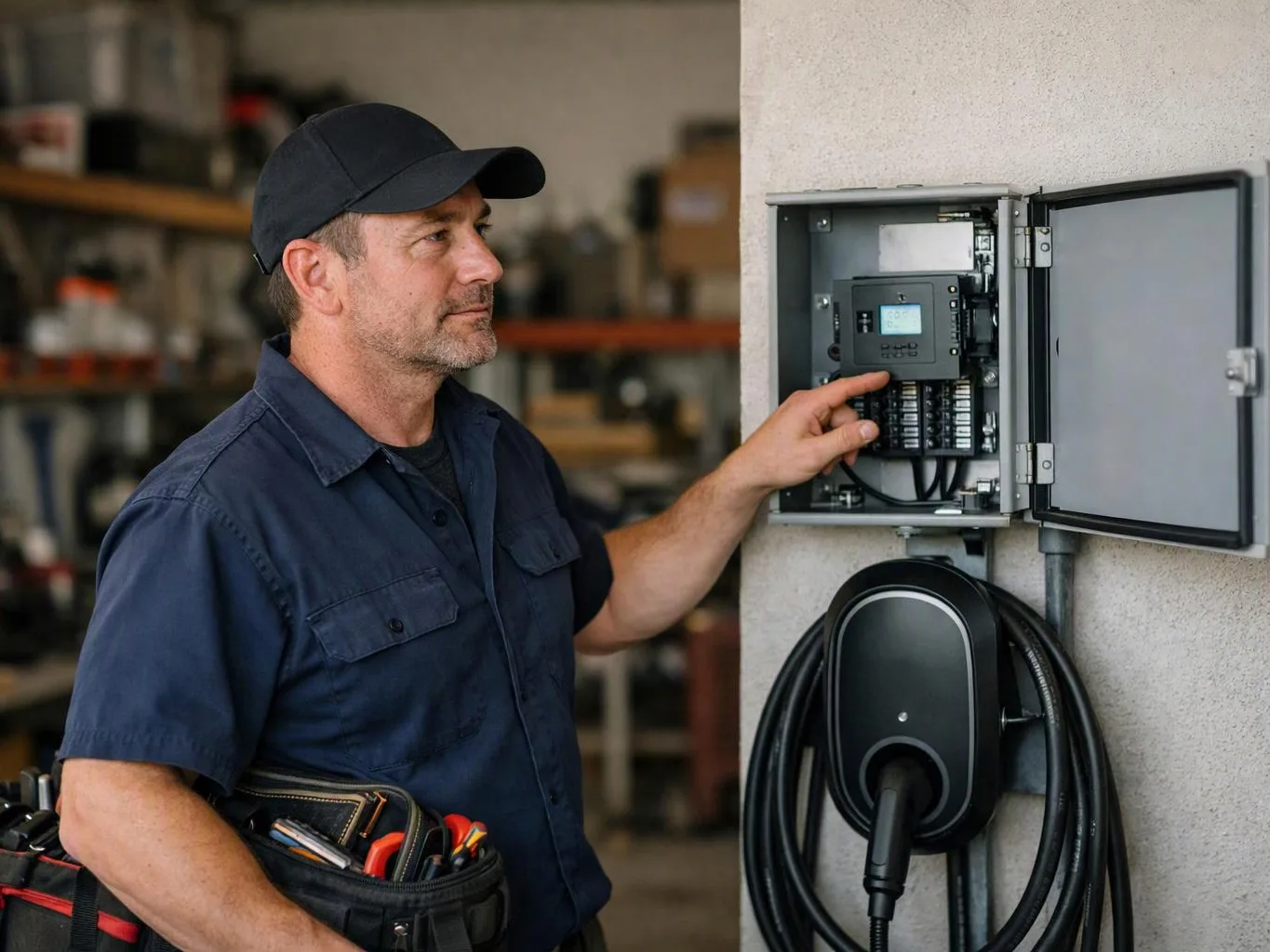 A technician in a navy cap adjusts an open electrical panel beside a wall-mounted charger in a workshop