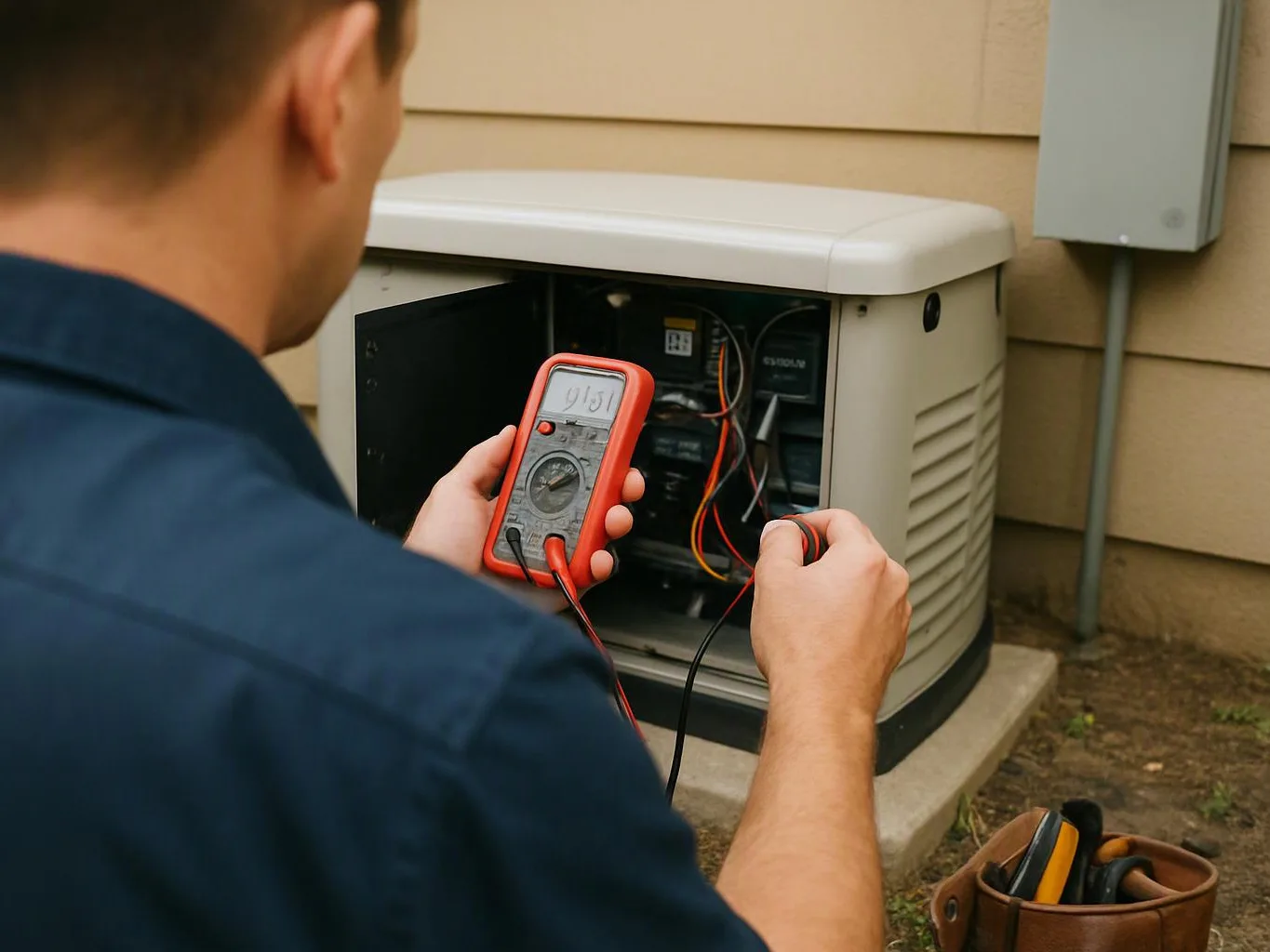 A technician tests exposed wiring on a home generator with a handheld multimeter outdoors
