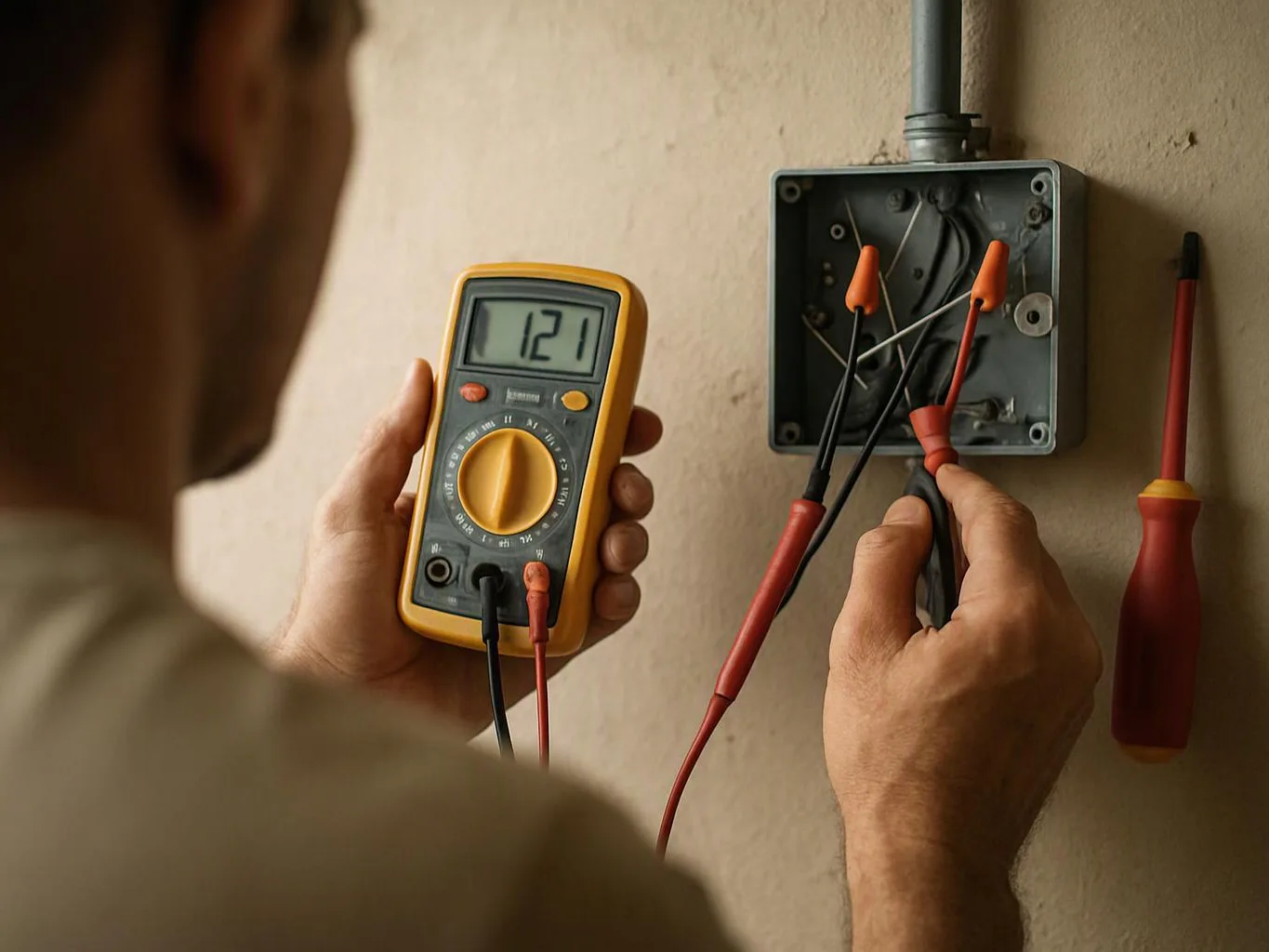 A technician tests wires in an open electrical box with a digital multimeter and screwdriver