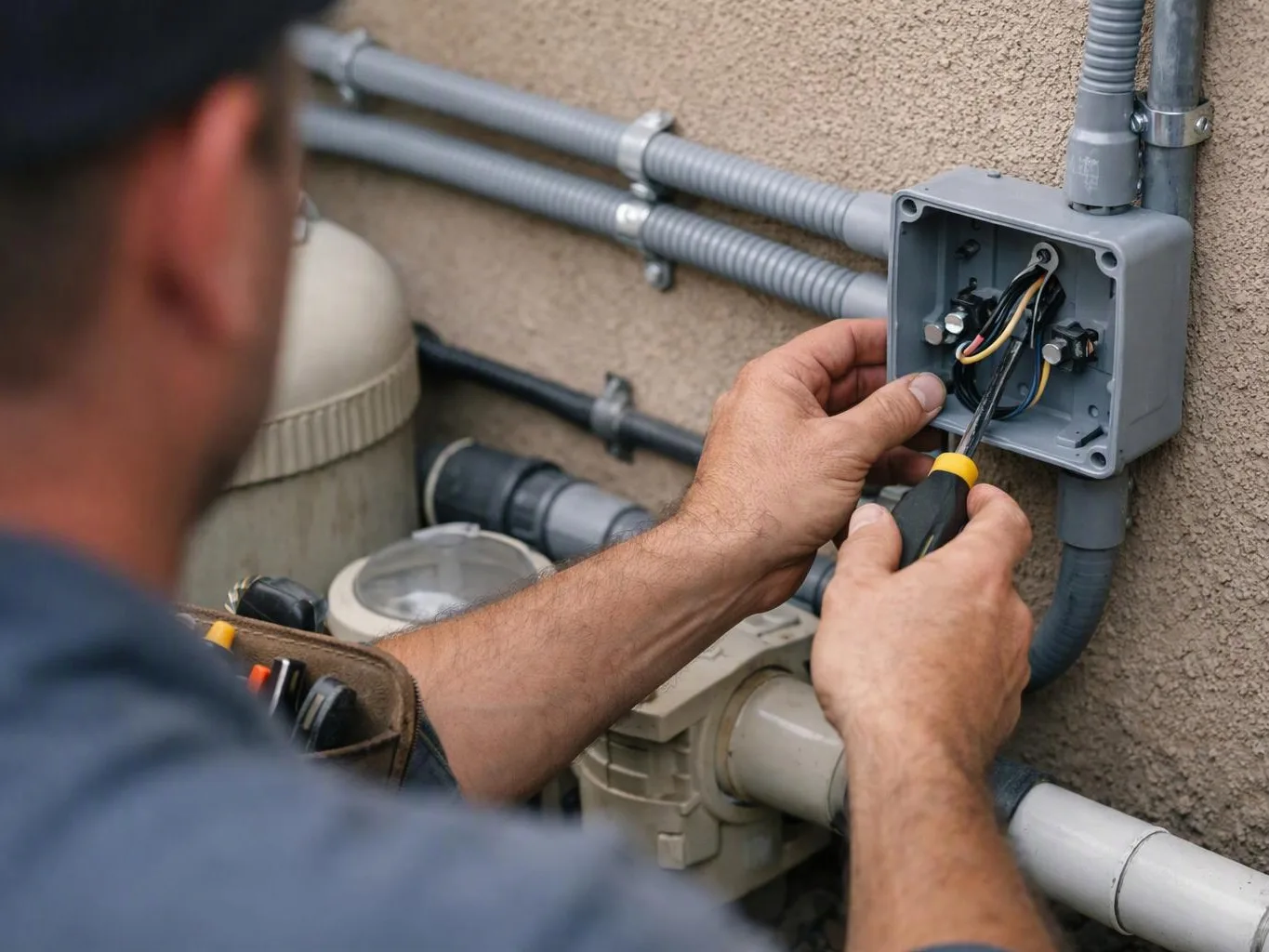 A technician uses a screwdriver to work inside an open gray electrical box on an exterior wall