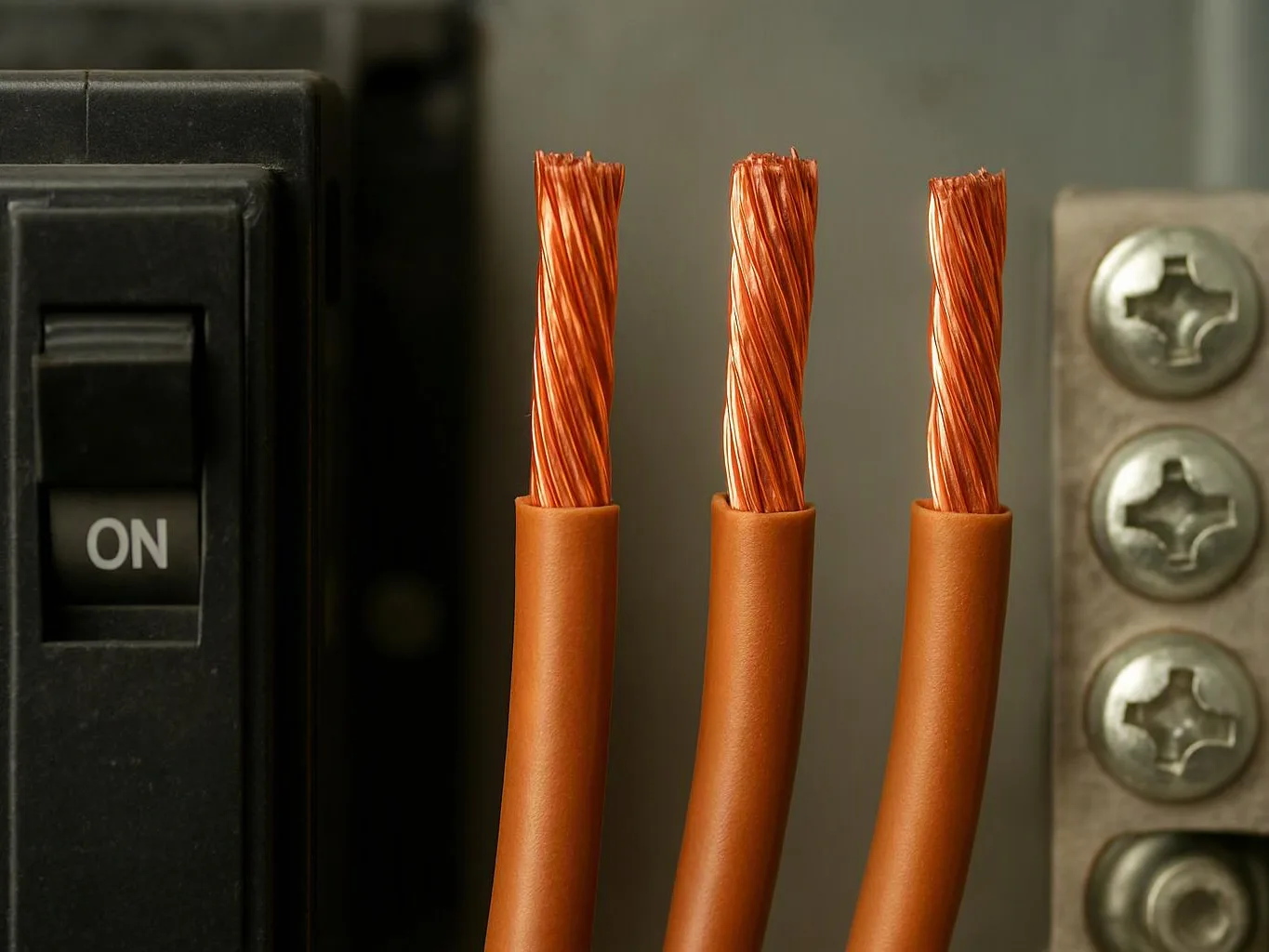 Three orange copper wires stand beside a black switch marked on and a metal screw terminal strip
