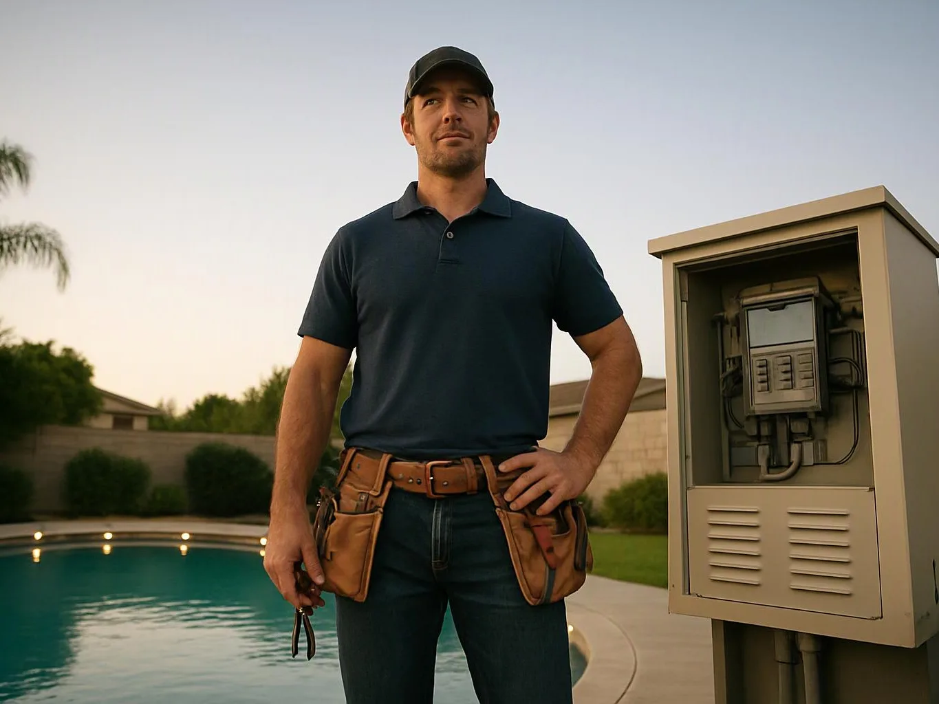 A tool-belted man stands beside an open electrical box near a backyard pool at dusk