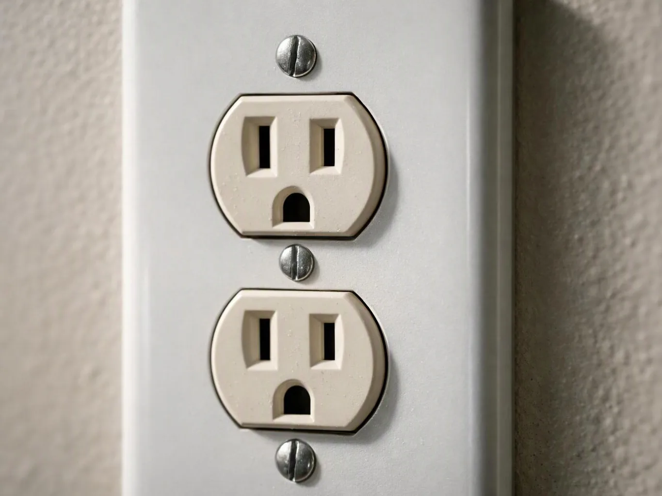 Two beige electrical outlets on a white wall plate are shown close up against a textured wall