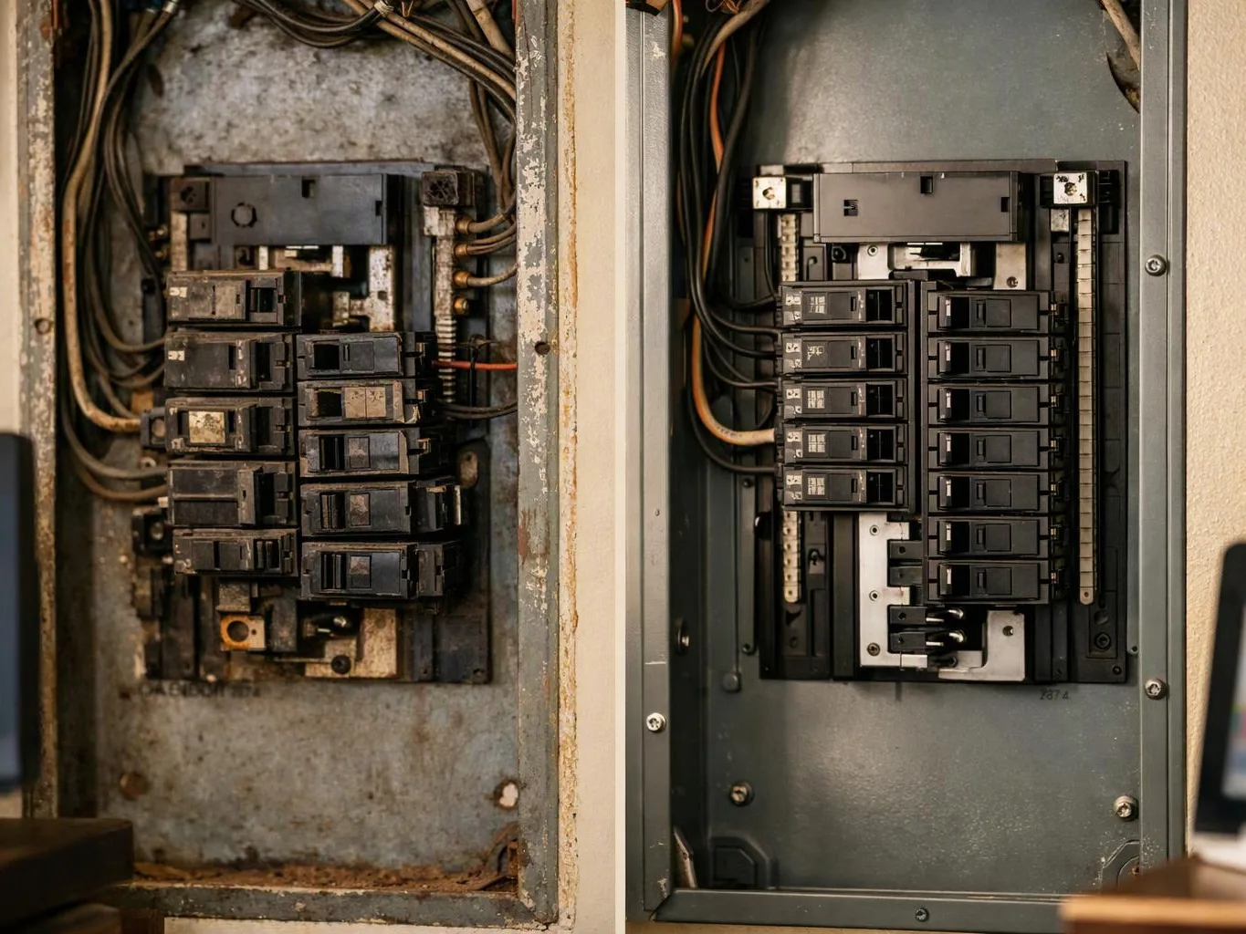 Two electrical breaker panels sit side by side, one rusty and worn, the other clean and newly installed