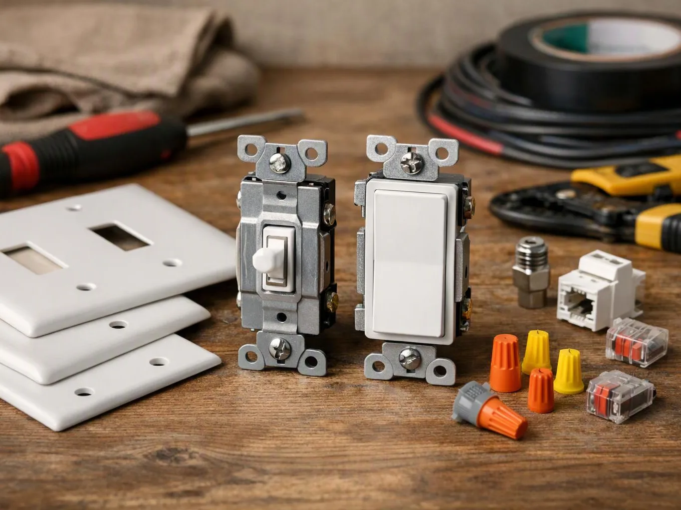 Two electrical switches sit on a wooden workbench with plates, wire connectors, and tools around them