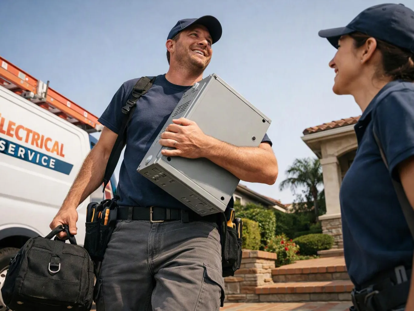 Two electricians in navy uniforms stand outside a house, one carrying a gray electrical box and tool bag near a service van
