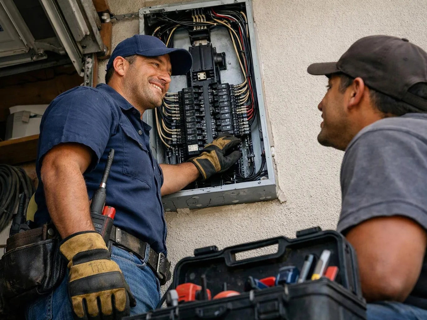 Two electricians talk beside an open electrical panel while one works with gloved hands and tools in a garage-like space