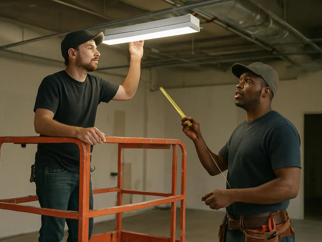 Two men in caps inspect a fluorescent light in a bare indoor space from an orange lift platform