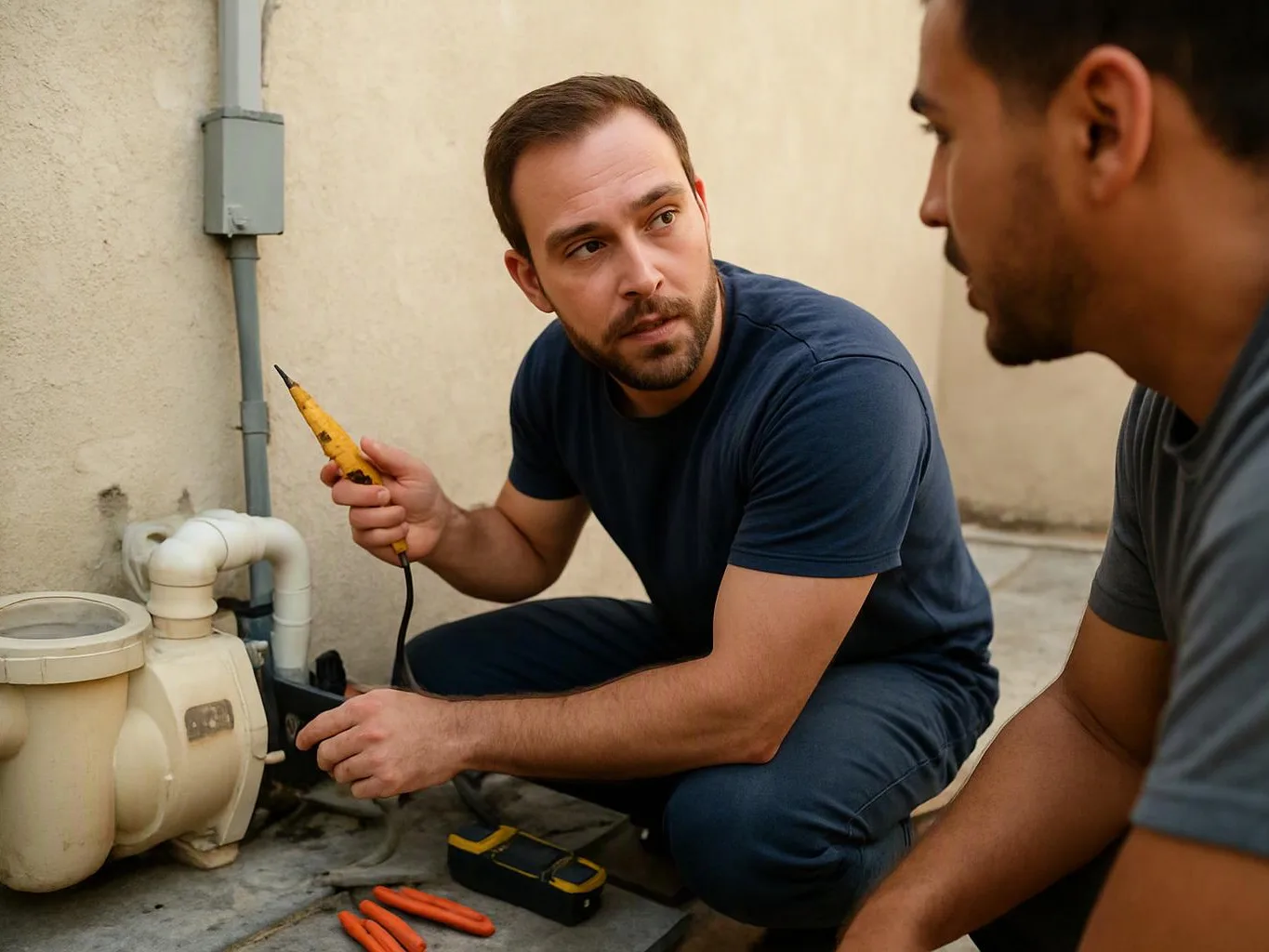 Two men inspect pool equipment beside a wall, with one kneeling and holding a yellow testing probe
