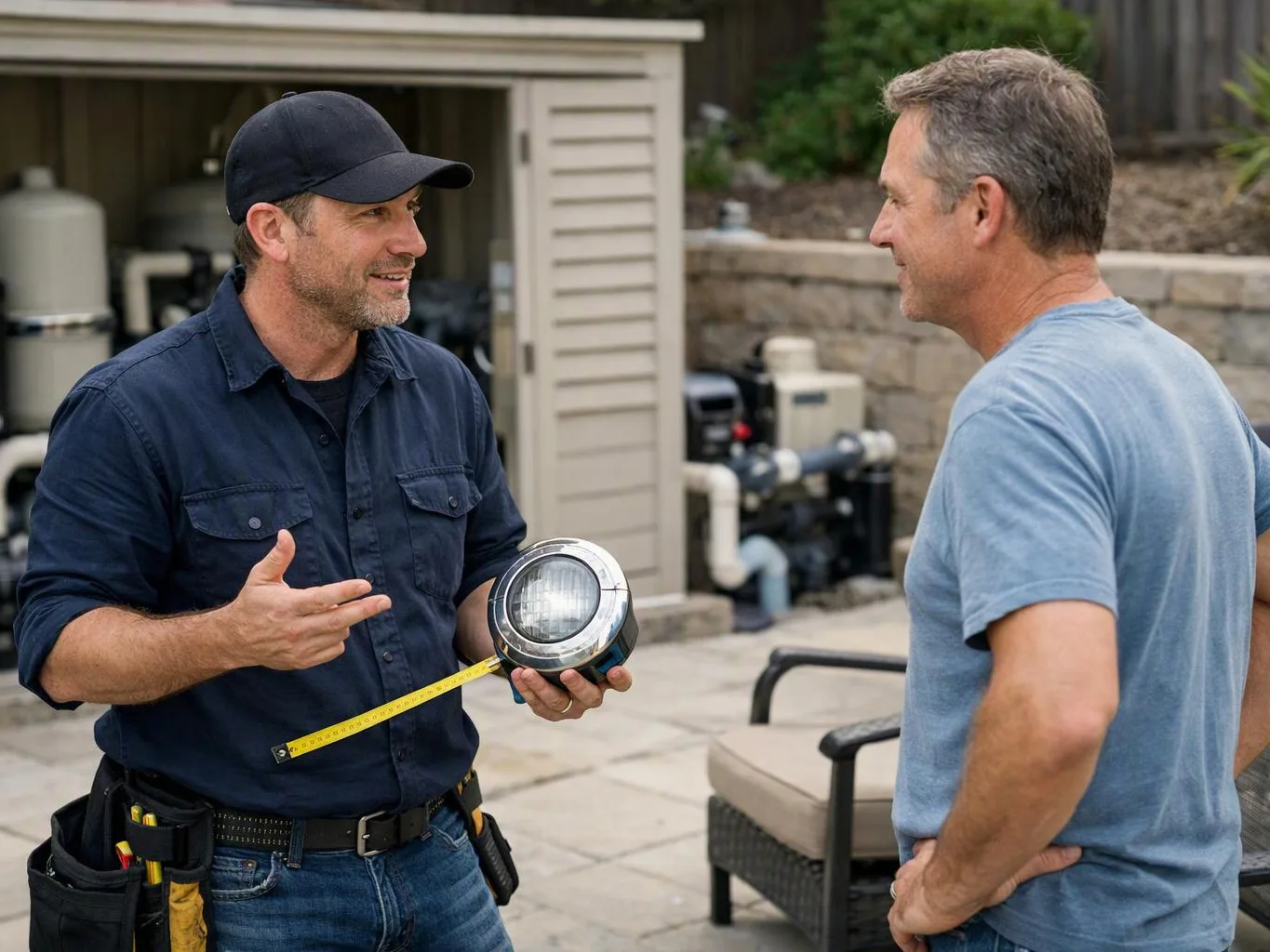Two men talk outside by a pool equipment area, one holding a round light fixture and tape measure