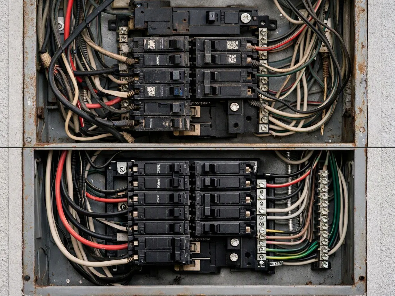 Two open electrical breaker panels show bundled wires and rows of black circuit breakers mounted in a gray metal box
