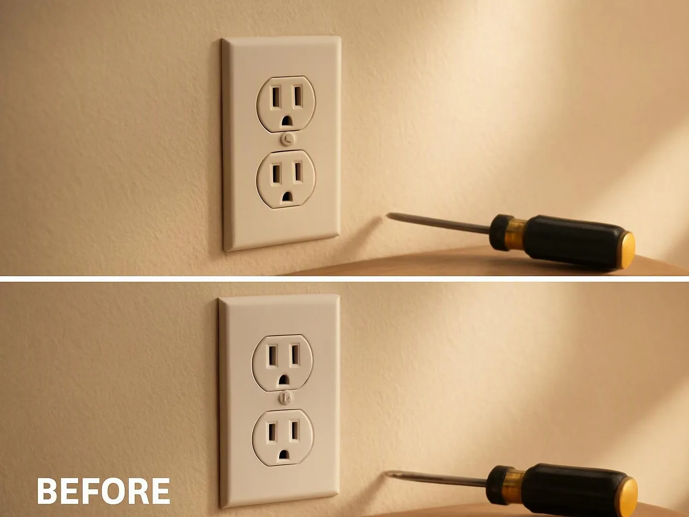 A two-panel image shows a wall outlet and a screwdriver beside it, with the lower panel labeled "BEFORE"