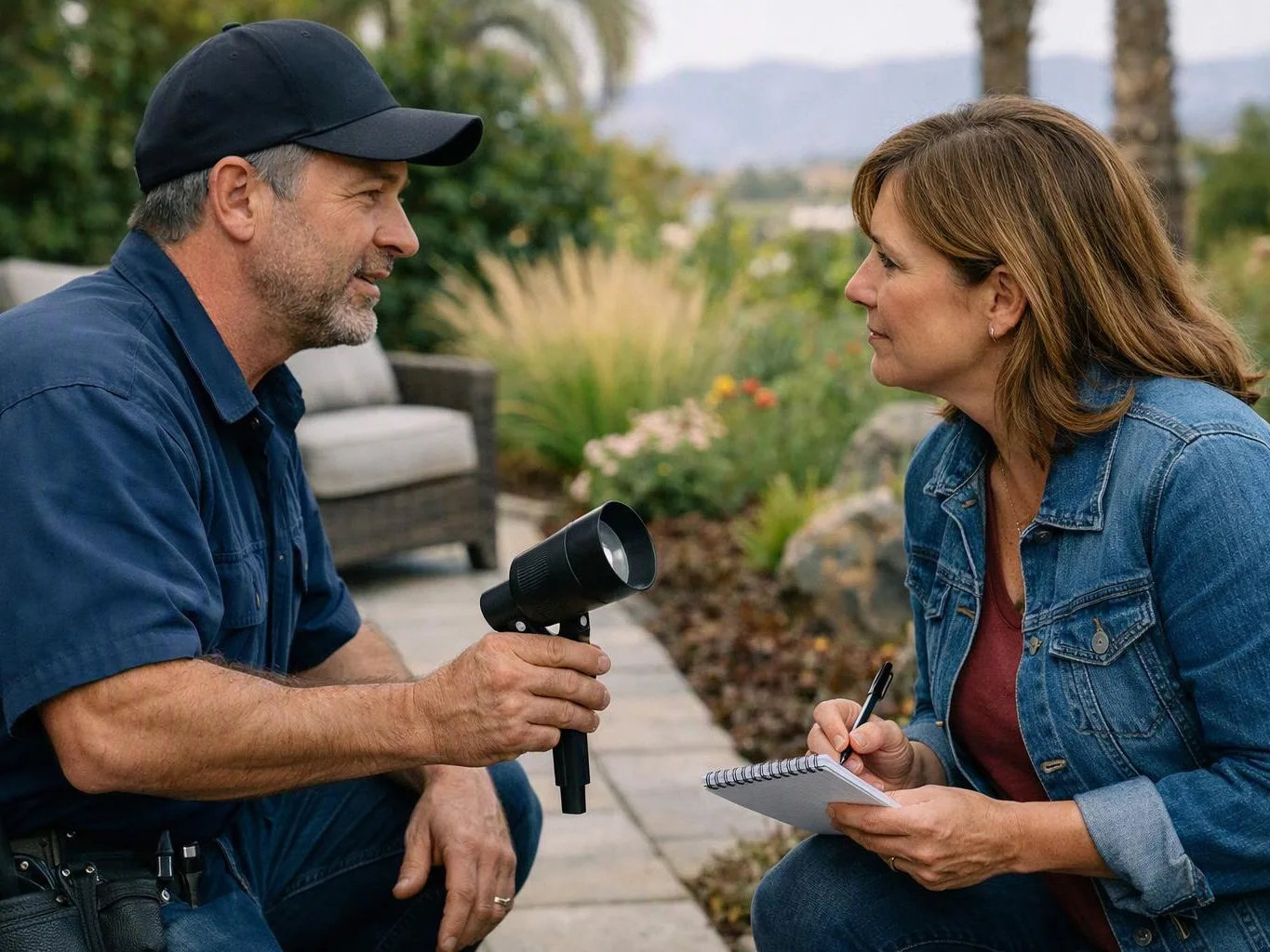 Two people sit outdoors on a patio, one holding a flashlight and the other writing in a small notebook