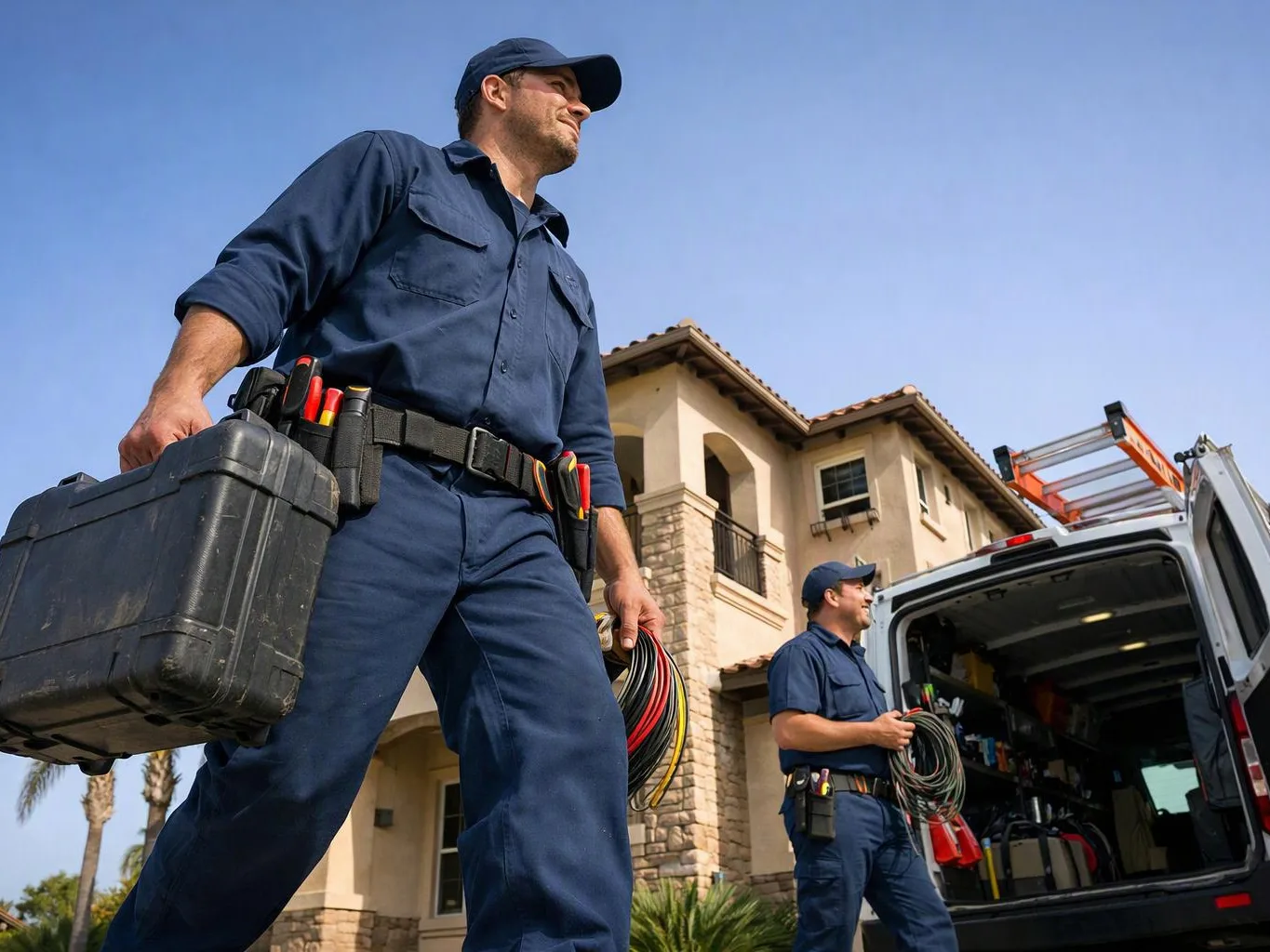 Two utility workers stand beside a service van outside a house, carrying tools and coiled cables